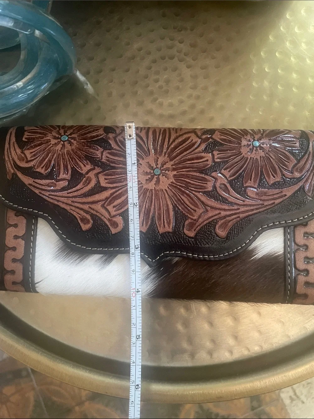 Leather Pony Fur Clutch Wallet Purse Brown Turquoise Accent Beautiful